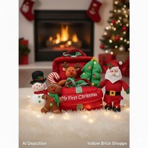 MY FIRST CHRISTMAS Baby Toddler Plush Carry Along Toys in Bag 7 Piece Holiday